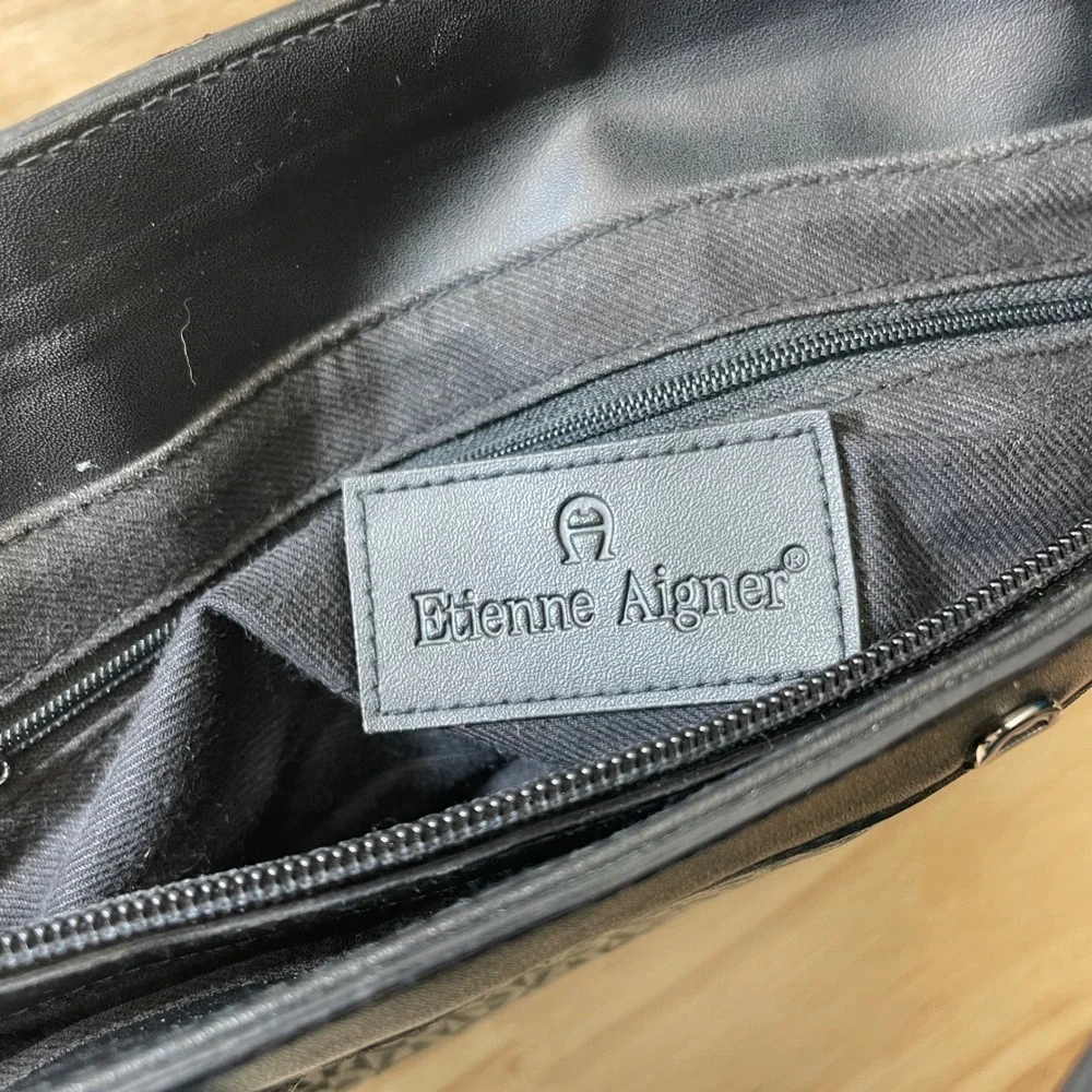 Etienne Aigner Black Monogram Jacquard Leather Trim‎ Tote Shoulder Bag